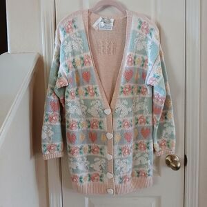 VTG 90s Y2K hand-knitted oversize bunny rabbit heart floral cardigan sweater M
